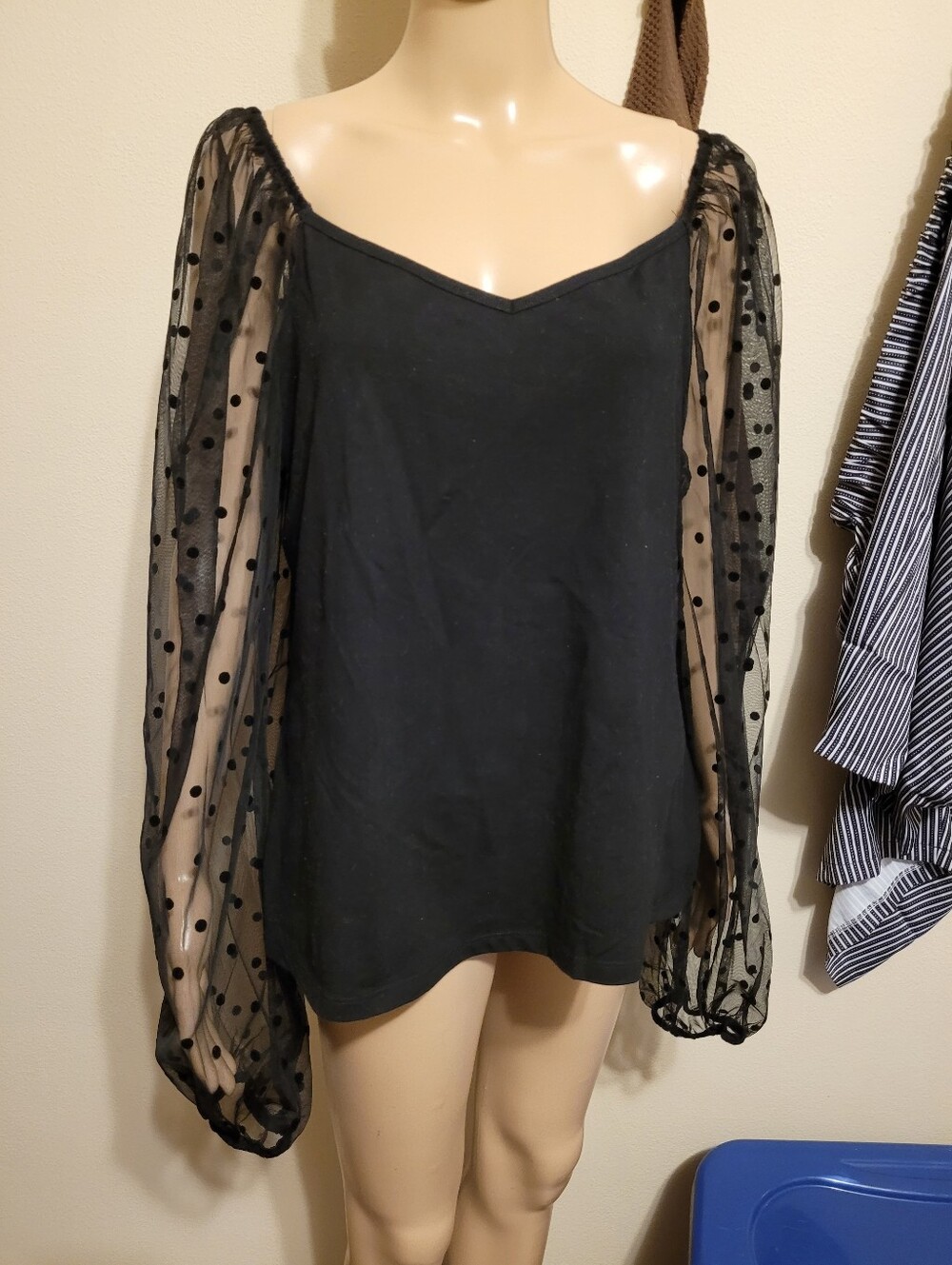 CATHERINES Brand Black Top With Long Sheer Polka dot Sleeves Size 3
